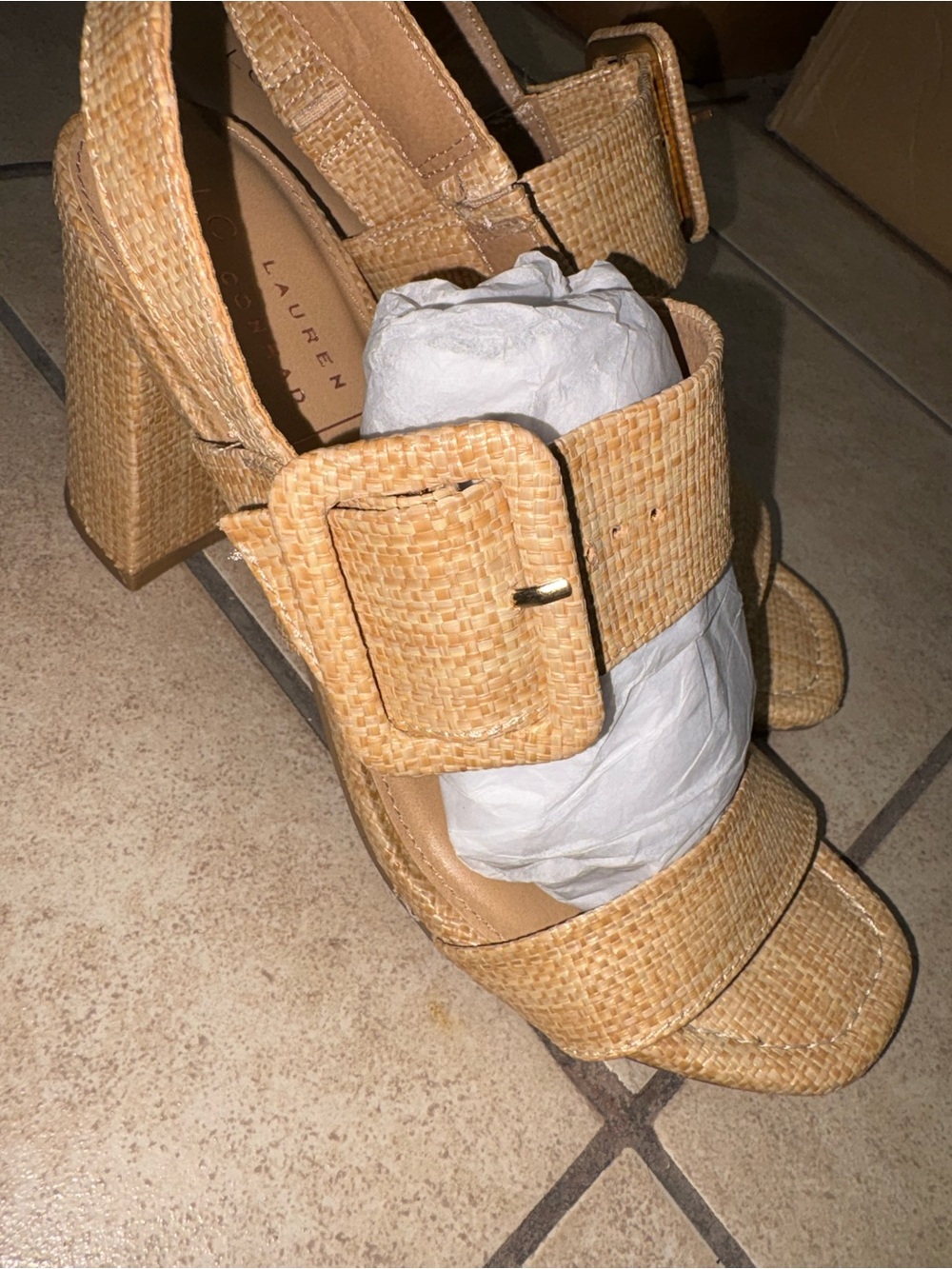 LC Lauren Conrad Tan Woven Buckle Block Heel Sandals